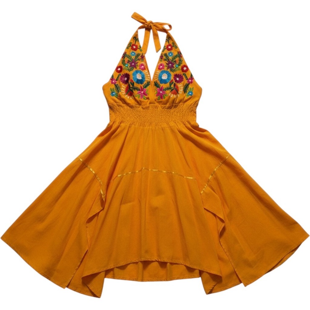 CLEARANCE-Embroidered Halter Midi Dress in Mustard Yellow